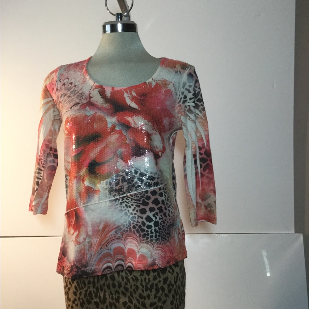 Style & co Gorgeous Sequin Orange and White Style Blouse Size Petite S